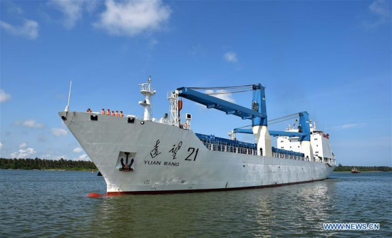 The Yuanwang 21 transport ship carrying the Long March-7 carrier rocket arrives at Qinglan Harbor in Wenchang, south China's Hainan Province, May 14, 2016.  (Photo: Xinhua/Guocheng)