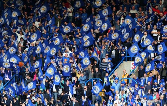 Supporters for Leicester City are seen in the stands during the Barclays Premier League match between Chelsea and Leicester City at Stamford Bridge Stadium in London May 15, 2016.