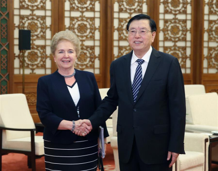 Zhang Dejiang (R), chairman of the Standing Committee of China's National People's Congress, meets with Matrai Marta, First Officer of the Hungarian National Assembly, in Beijing, capital of China, May 16, 2016. (Photo: Xinhua/Yao Dawei)
