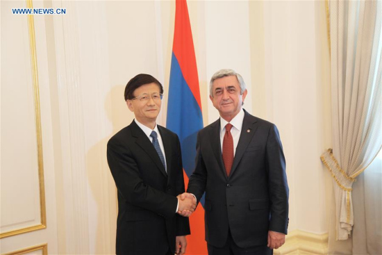 Armenian President Serzh Sargsyan (R) meets with Meng Jianzhu, head of the Commission for Political and Legal Affairs of the Communist Party of China Central Committee and special envoy of Chinese President Xi, in Yerevan, Armenia, May 21, 2016. (Photo: Xinhua/Li Ming)