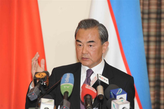 Chinese Foreign Minister Wang Yi addresses reporters after attending a meeting of the Shanghai Cooperation Organization (SCO) foreign ministers in the capital of Uzbekistan on May 24, 2016. (Photo: Xinhua/Sadat)