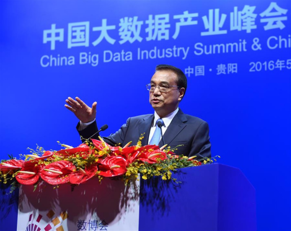Chinese Premier Li Keqiang addresses the opening ceremony of the China Big Data Industry Summit & China E-commerce Innovation and Development Summit in Guiyang, capital of southwest China's Guizhou Province, May 25, 2016. (Photo: Xinhua/Rao Aimin)