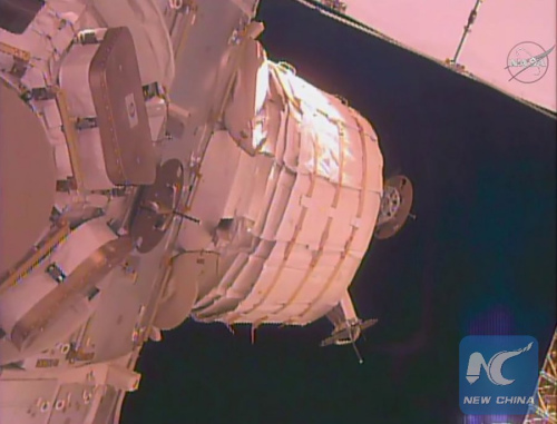 The unexpanded Bigelow Expandable Activity Module (BEAM) is seen attached to the Tranquility module on the International Space Station in this still image taken from NASA TV May 26, 2016.  (NASA TV