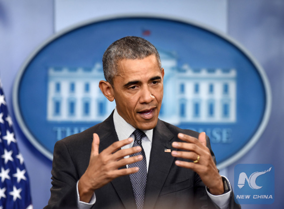 U.S. President Barack Obama speaks about the economy and corporate tax inversions in the Brady Press Briefing Room of the White House in Washington D.C., capital of the United States, April 5, 2016. (File photo: Xinhua/Yin Bogu) 
