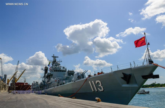 Chinese naval missile destroyer Qingdao arrives at Dar es Salaam, Tanzania, on May 30, 2016. (Photo: Xinhua/Zhai Jianlan)