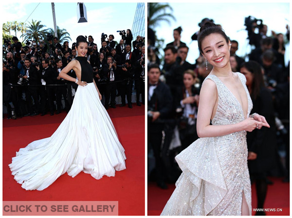 Chinese actresses pose on the red carpet before the opening of the 69th Cannes Film Festival in Cannes, France, on May 11, 2016. (Photo: Xinhua/Jin Yu)