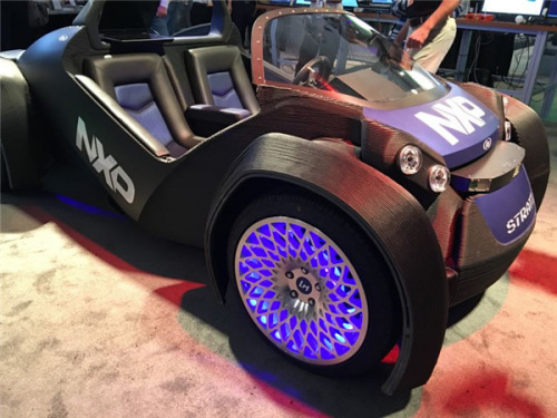 LocalMotors' 3D printed car that equipped with NXP's brand new "BlueBox" autonomous vehicle computing system is displayed on May 17, 2016 at the NXPFTF Americas 2016 held in Austin, the United States. (Photo by Liu Zheng/chinadaily.com.cn)