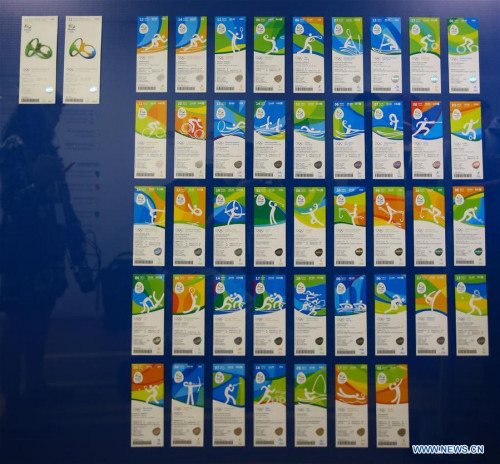 Photo taken on May 20, 2016 shows the visual look of the tickets of the Rio 2016 Olympic Games in Rio de Janeiro, Brazil, on May 20, 2016. The Organizing Committee for the Olympic Games 2016 in Rio de Janeiro unveiled the designs of the tickets on Friday. (Xinhua/Li Ming)
