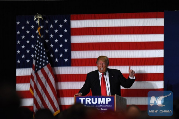 Republican presidential candidate Donald Trump speaks at a campaign rally in Cedar Rapids, Iowa, the United States, Feb. 1, 2016. (Photo: Xinhua/Yin Bogu)