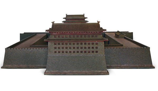 The replica of Xizhi Gate and its watchtower.