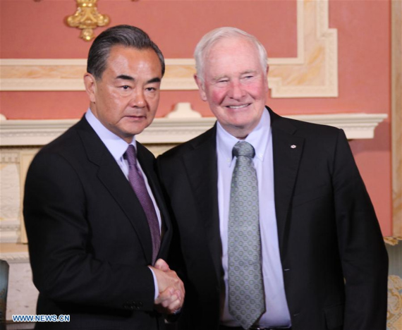 Canadian Governor General David Johnston (R) meets with visiting Chinese Foreign Minister Wang Yi in Ottawa, capital of Canada, on June 2, 2016. (Photo: Xinhua/Li Baodong)