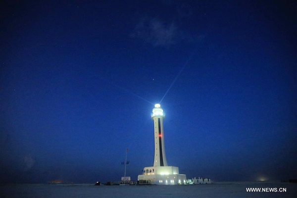 Photo taken on April 5, 2016 shows the lighthouse on Zhubi Reef of Nansha Islands in the South China Sea, south China. (Xinhua file photo)