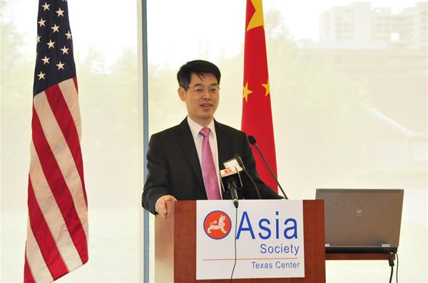 China's Deputy Consul General in Houston Zhao Yumin gives a keynote speech titled Maintaining Peace and Stability in the South China Sea at an event jointly organized by the Consulate General and Asia Society Texas Center in Houston, the United States, June 3, 2016. (Xinhua/Zhang Yongxing)
