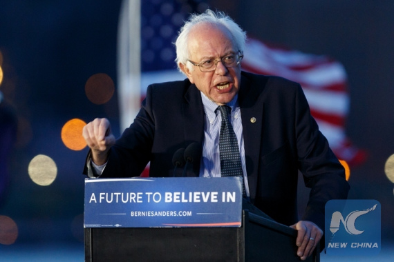 Democratic Presidential Candidate Bernie Sanders delivers a speech during a campaign rally on the eve of the New York primary, in Long Island City, New York, the United States, April 18, 2016. New York will hold its primary on Tuesday. (Photo: Xinhua/Li Muzi)