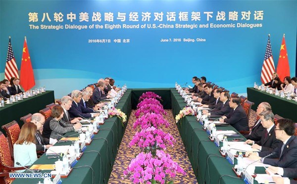 Chinese State Councilor Yang Jiechi (5th R) and U.S. Secretary of State John Kerry (5th L) co-chair the Strategic Dialogue of the eighth round of China-U.S. Strategic and Economic Dialogues in Beijing, capital of China, June 7, 2016. (Xinhua/Ma Zhancheng)