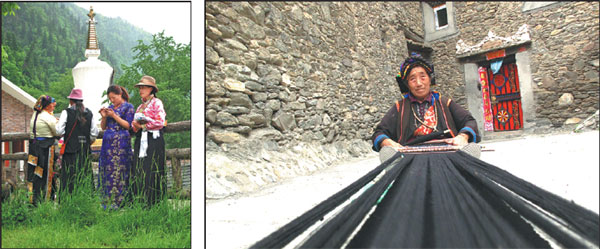 Left:Tibetan women and children enjoy their time in the Yangrong Tibetan village of Aba.  Right:Motsai, a Tibetan woman in her 60s, is weaving cloth at her residence in Serku village in Aba. Li Yang/ China Daily