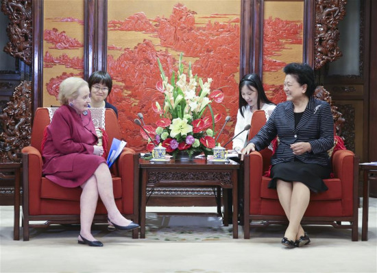Chinese Vice Premier Liu Yandong meets with former U.S. Secretary of State Madeleine Albright in Beijing, China, June 15, 2016. (Xinhua/Yao Dawei)