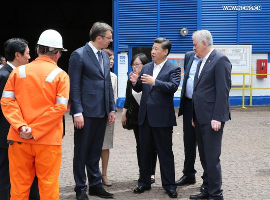 Chinese President Xi Jinping (2nd R, front), accompanied by Serbian President Tomislav Nikolic (1st R, front) and Serbian Prime Minister Aleksandar Vucic (3rd R, front), visits Serbia's sole steel mill in Smederevo, Serbia, June 19, 2016. (Xinhua/Ma Zhancheng)
