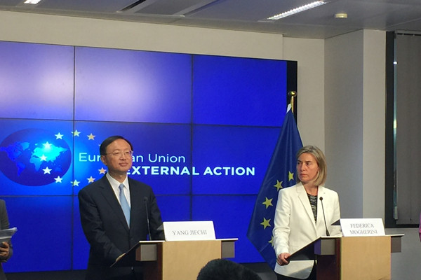 State Councilor Yang Jiechi and his EU counterpart Federica Mogherini vow to deepen the bilateral relationship at press conference of the sixth round of high-level strategic dialogue held in Brussels on June 10, 2016. Photo by Fu Jing/chinadaily.com.cn