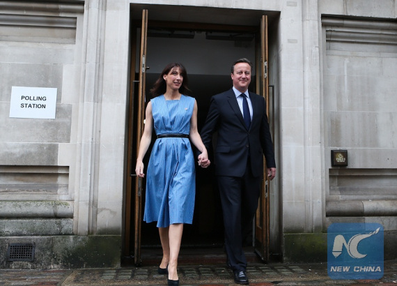 Britain's Prime Minister, David Cameron and his wife Samantha leave the Central Methodist Hall polling station after casting their votes for the EU Referendum in London, on June 23, 2016.  (Photo: Xinhua/Han Yan)
