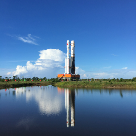 The Long March-7, a medium-sized rocket using liquid propellant, has been moved vertically to the launch pad after a three-hour transport from the test lab in Wenchang, South China's Hainan province, on June 22, 2016. (Photo provided by China Academy of Launch Vehicle Technology and Wenchang Satellite Launch Center)