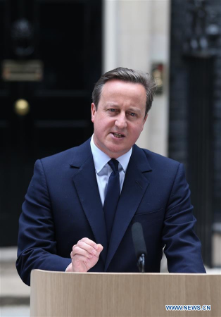 File photo taken on June 21, 2016 shows British Prime Minister David Cameron delivering a speech at 10 Downing Street in London. British Prime Minister David Cameron announced his resignation on Friday. (Xinhua/Han Yan)