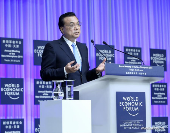 Chinese Premier Li Keqiang addresses the opening ceremony of the Annual Meeting of the New Champions 2016, or Summer Davos Forum, in Tianjin, north China, June 27, 2016. (Xinhua/Pang Xinglei)