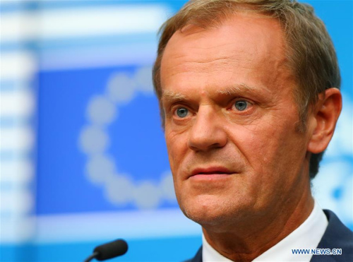 European Council President Donald Tusk attends a press conference at the EU headquarters in Brussels, Belgium, June 28, 2016. European leaders on Tuesday pressed for a quick and clear British departure plan to quell worldwide anxiety about the continent's future. (Xinhua/Gong Bing)