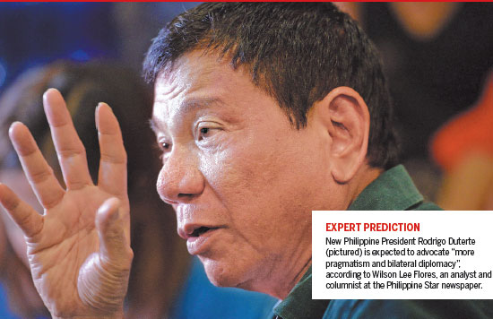 New Philippine President Rodrigo Duterte (pictured) is expected to advocate more pragmatismand bilateral diplomacy, according toWilson Lee Flores, an analyst and columnist at the Philippine Star newspaper. Photo Provided To China Daily