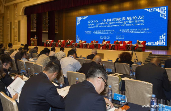 Participants attend the Forum on the Development of Tibet in Lhasa, capital of southwest China's Tibet Autonomous Region, July 7, 2016. (Xinhua/Liu Dongjun)