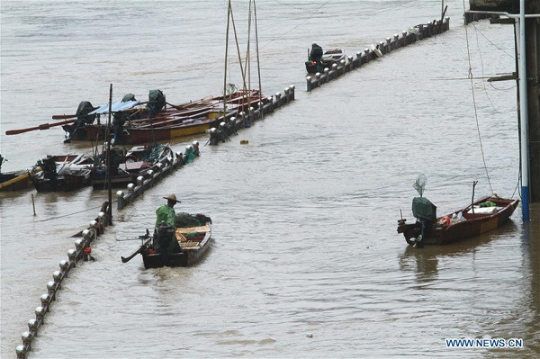 A fisherman takes his boat to safety in Shunchang County, Nanping City of southeast China's Fujian Province, May 20, 2016. Water level reached beyond the warning line in some areas of Min River branches as heavy rain hit Fujian here on Friday. (Xinhua file photo/Chen Baicai)