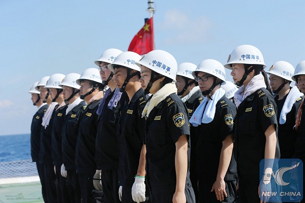 Crew members take part in a fire drill on China's largest and most advanced patrol vessel Haixun 01 on the South China Sea, April 4, 2016. Haixun 01 is the first Chinese vessel to incorporate marine inspection and rescue functions. The 5,418-tonnage Haixun 01 is 128.6 meters in length, 16 meters in width and can sail for 10,000 nautical miles (18,520 km) without refueling. (Xinhua/Xing Guangli)