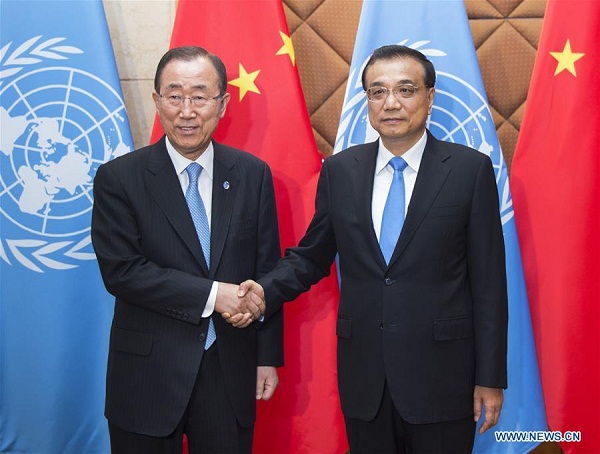 Chinese Premier Li Keqiang (R) meets with UN Secretary-general Ban Ki-moon in Beijing, capital of China, July 8, 2016. (Xinhua/Xie Huanchi)
