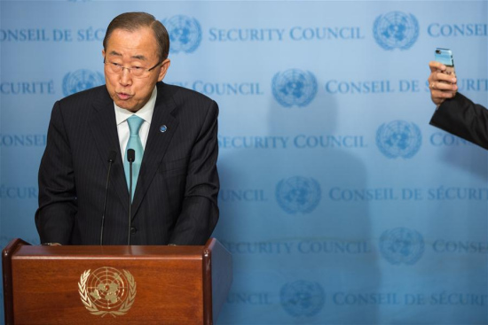 United Nations Secretary-General Ban Ki-moon addresses the press on the on-going situation in South Sudan, at the UN headquarters in New York, the United States, July 11, 2016. (Xinhua/Li Muzi) 