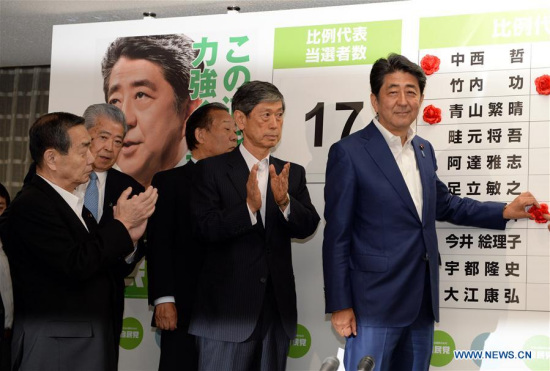  Japan's Prime Minister and leader of the ruling Liberal Democratic Party (LDP) Shinzo Abe (1st R) puts a rosette on the name of a candidate who is expected to win in the upper house election, at the LDP headquarters in Tokyo, Japan, July 10, 2016. (Xinhua/Ma Ping) 