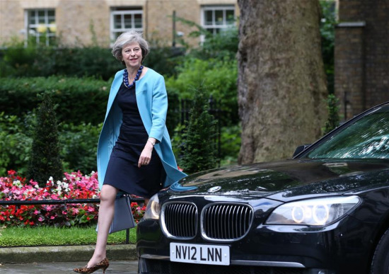 File photo taken on June 27, 2016 shows British Home Secretary Theresa May arriving for a cabinet meeting at 10 Downing Street in London, Britain. (Photo: Xinhua/Han Yan)