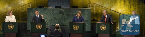 Candidates for the post of United Nations Secretary-General:Natalia Gherman of Moldova, Vuk Jeremic, Susana Malcorra of Argentina, Antonio Guterres of Portugal and Vesna Pusic of Croatia attend the global town hall meeting at the UN headquarters in New York, July 12, 2016. (Xinhua/Li Muzi) 