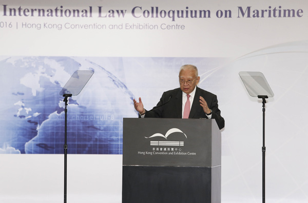 Tung Chee-Hwa,Vice Chairman of the National Committee of the Chinese People's Political Consultative Conference and former Chief Executive of Hong Kong SAR, addresses keynote speech at the Public International Law Colloquium on Maritime Disputes Settlement at the Hong Kong Convention and Exhibition Center on July, 15 2016.(Photo by Roy Liu/ China Daily)