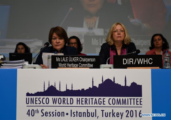 Chairperson of the 40th session of World Heritage Committee Lale Ulker (L) hosts the meeting in Istanbul, Turkey, on July 17, 2016. The World Heritage Committee recovened its 40th session in Istanbul on Sunday, following one-day suspension over a coup attempt in Turkey. (Xinhua/He Canling) 