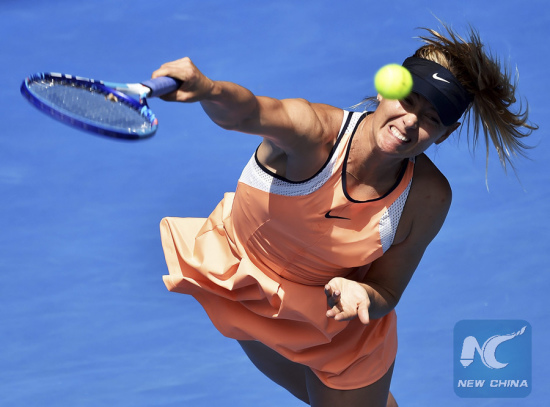 Maria Sharapova hits the ball in the quarterfinals of Australian Open on Jan. 26, 2016. (Xinhua file photo)
