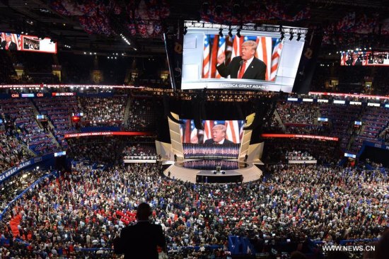 Donald Trump takes the stage on the last day of the Republican National Convention in Cleveland, Ohio, the United States, July 21, 2016. (Xinhua/Yin Bogu)