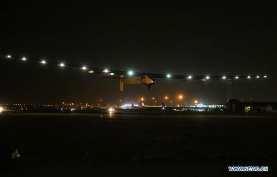 The solar-powered aircraft Solar Impulse 2 departs from the international airport in Cairo, capital of Egypt, July 23, 2016. The solar-powered aircraft Solar Impulse 2 left Cairo for Abu Dhabi on Saturday. (Photo/Xinhua)