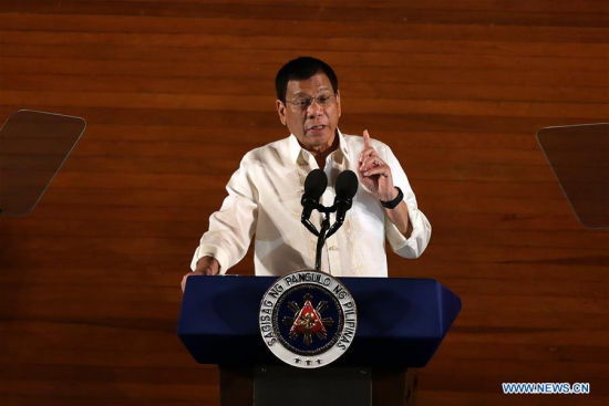 Philippine President Rodrigo Duterte delivers his speech during the State of the Nation Address in Quezon City, the Philippines, July 25, 2016. (Xinhua/Rouelle Umali) 