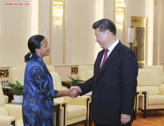 Chinese President Xi Jinping (R) meets with U.S. National Security Advisor Susan Rice at the Great Hall of the People in Beijing, capital of China, July 25, 2016. (Xinhua/Ding Lin)