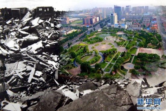 The black-and-white photo shows how the catastrophic earthquake turned Tangshan into ruins on July 28, 1976, while the colored part shows the Yuntian Square on July 18, 2016. (Photo/Xinhua)