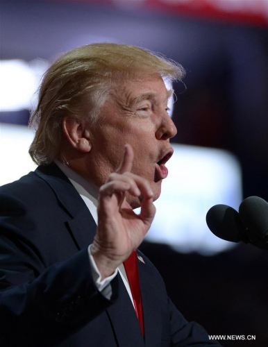 Donald Trump speaks on the last day of the Republican National Convention in Cleveland, Ohio, the United States, July 21, 2016. (Xinhua/Yin Bogu)
