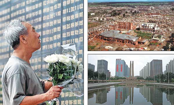 A man mourns his mother, a victim of the earthquake, at a memorial park in Tangshan, Hebei province. Tangshan lies in ruins after the devastating earthquake in 1976. An earthquake monument stands at the edge of a pond in the rebuilt Tangshan. PHOTOS BY WANG ZHUANGFEI / CHINA DAILY AND XINHUA FILE PHOTO