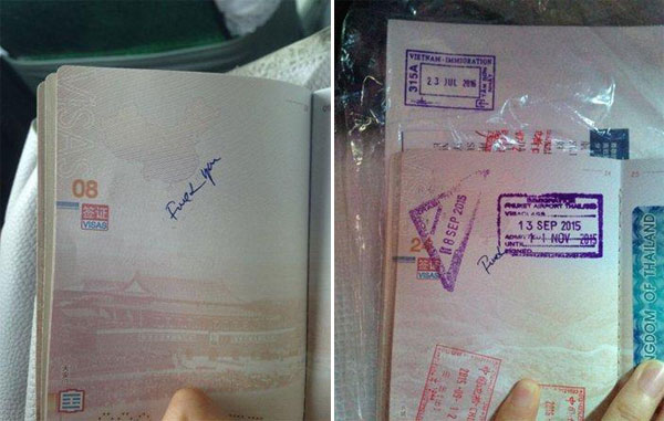 Offensive language is written on a Chinese tourist's passport on page 8 and 24 after the tourist handed over her passport to Vietnamese border staff at passport control at Tan Son Nhat International Airport. (Photo:People's Daily Online)