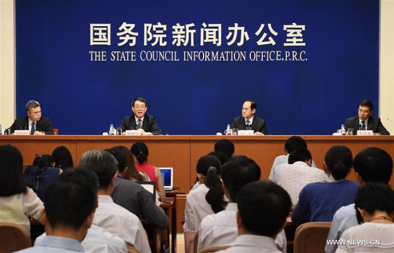 Yang Huanning (2nd L, back), director of the State Administration of Work Safety, attends a press conference in Beijing, capital of China, July 28, 2016. Some 23,534 production accidents occurred in China during the first half of 2016, resulting in 14,136 deaths, a senior official said Thursday. The two figures represented year-on-year decline of 8.8 percent and 5.3 percent. (Photo: Xinhua/Li He)