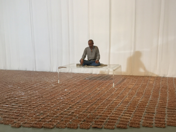 He Yunchang presents his new live art "Chang Sheng Guo" at Today Art Museum on July 8. He would refrain from eating grains in 72 hours while waiting 250 kilograms of soaked peanuts to bud. (Photo: Ecns.cn/Feng Shuang)